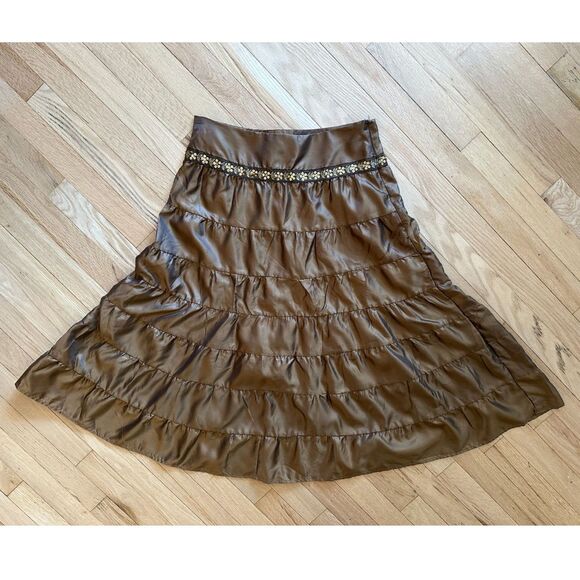 Vintage Y2k Star City Brown Midi Boho Skirt Gold Embellished Tiered Style size M - Picture 2 of 7